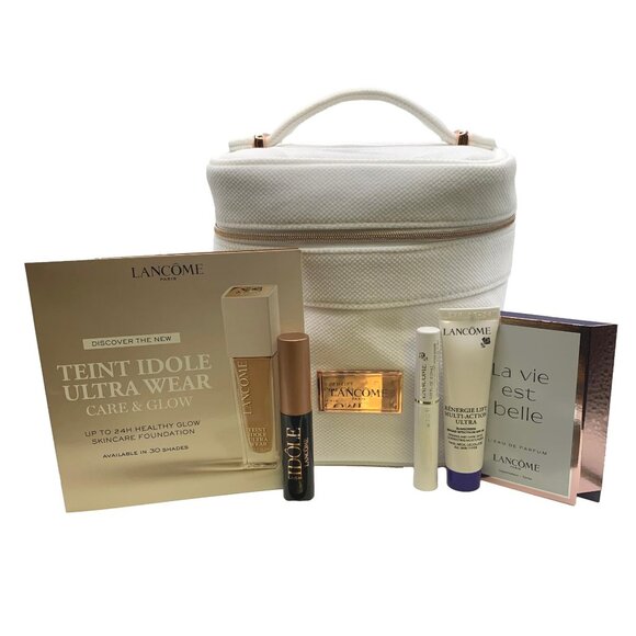 Lancome 8 Piece Gift Set Travel Skin Care & Makeup White Bag Mascara Absolue EDP - Picture 1 of 5